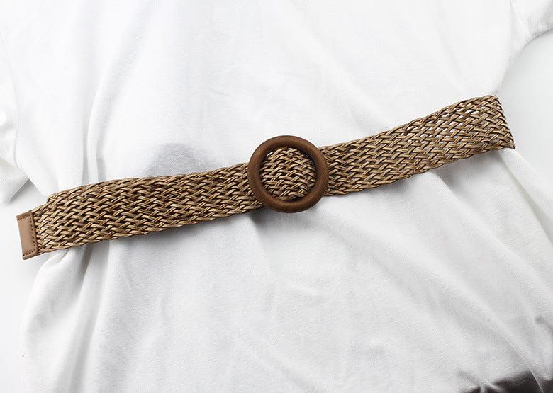 Women's Cotton Linen Woven Round Wooden Buckle Dress Long Belts