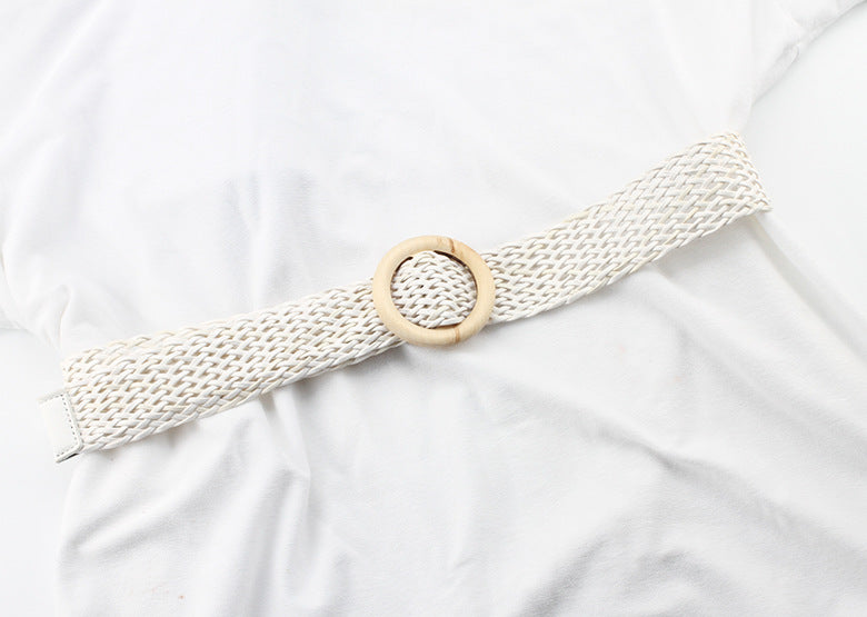 Women's Cotton Linen Woven Round Wooden Buckle Dress Long Belts