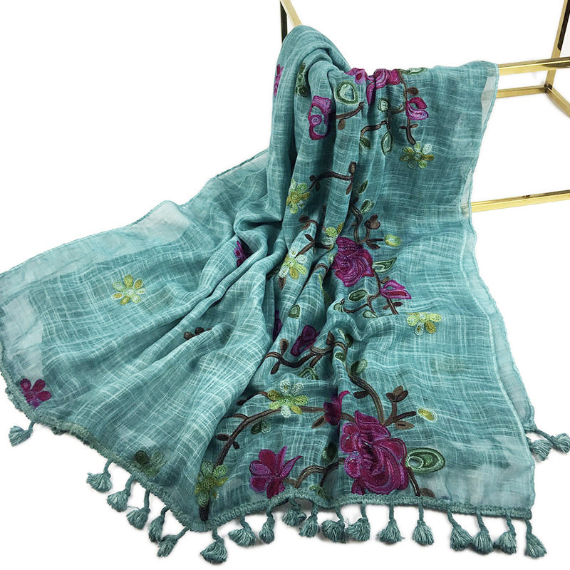 Wind Tassel Embroidered Plant Cotton Linen Scarfs