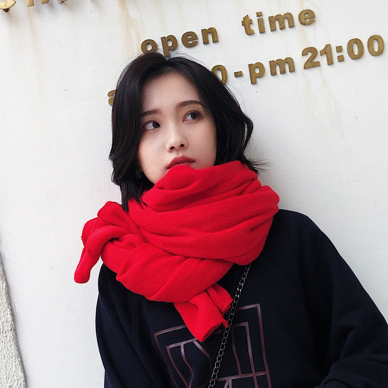 Korean Warm Matching Knitted Wool Female Soft Shawl Solid Scarfs