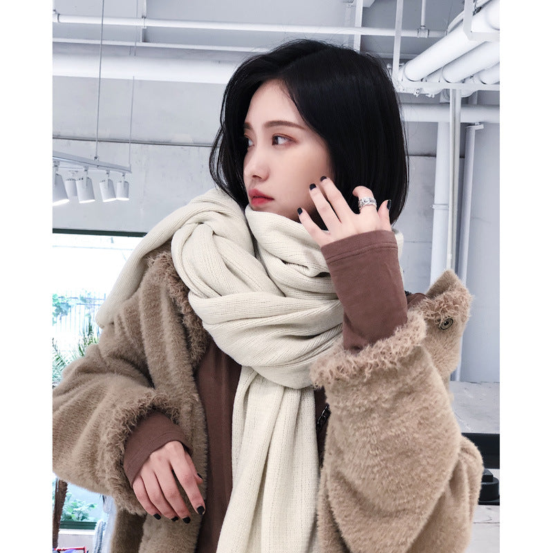 Korean Warm Matching Knitted Wool Female Soft Shawl Solid Scarfs