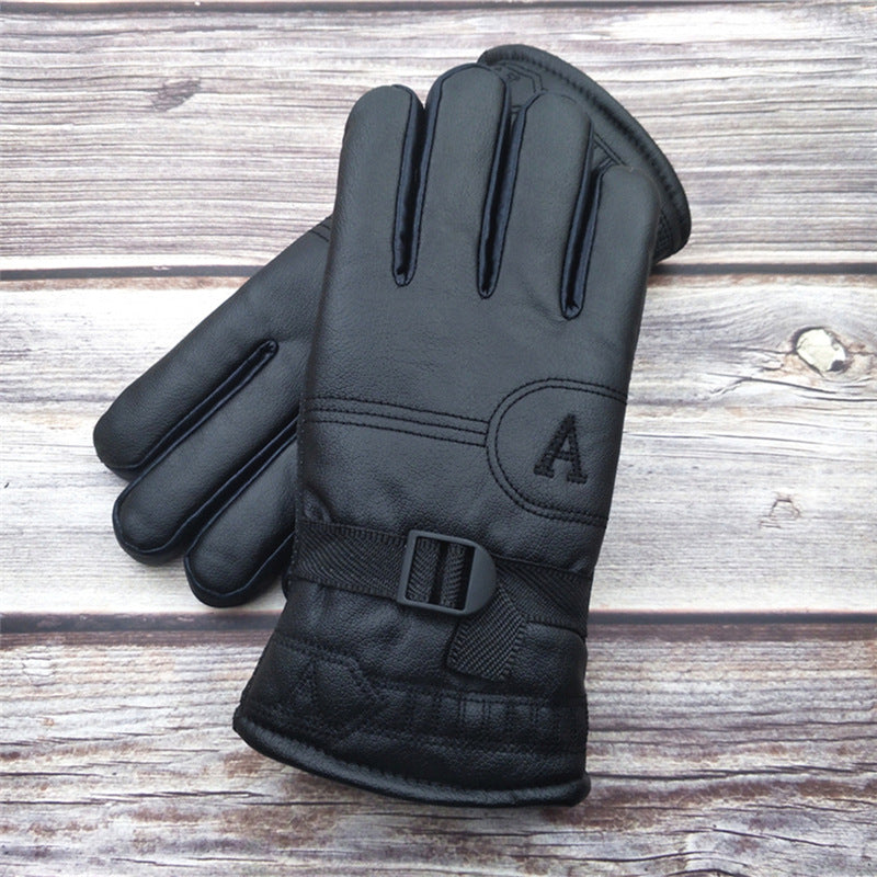 Men's Cotton Leather Winter Thick Fleece Warm Gloves