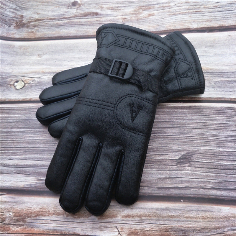 Men's Cotton Leather Winter Thick Fleece Warm Gloves