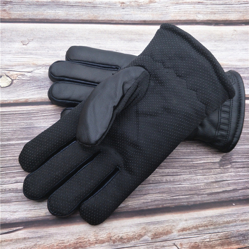 Men's Cotton Leather Winter Thick Fleece Warm Gloves