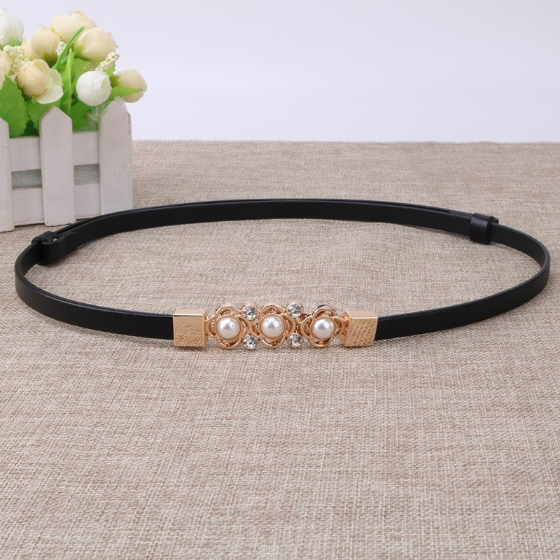 Women's Adjustable Cowhide Pearl Flower Thin Female Ornament Dress Sweater Belts