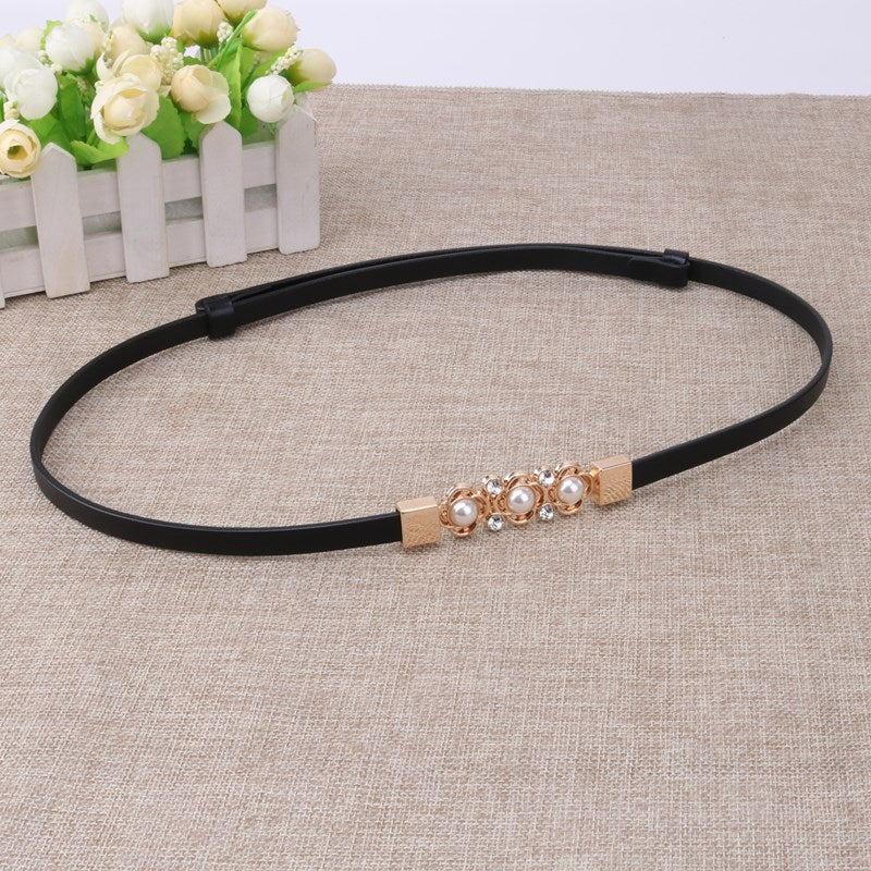 Women's Adjustable Cowhide Pearl Flower Thin Female Ornament Dress Sweater Belts