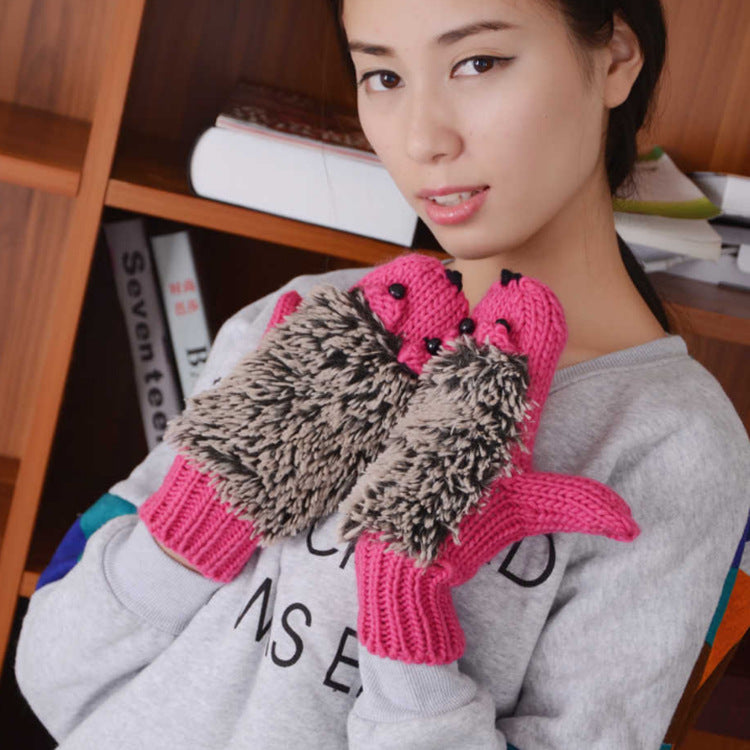 Women's Full Finger Cartoon Hedgehog Winter Korean Gloves