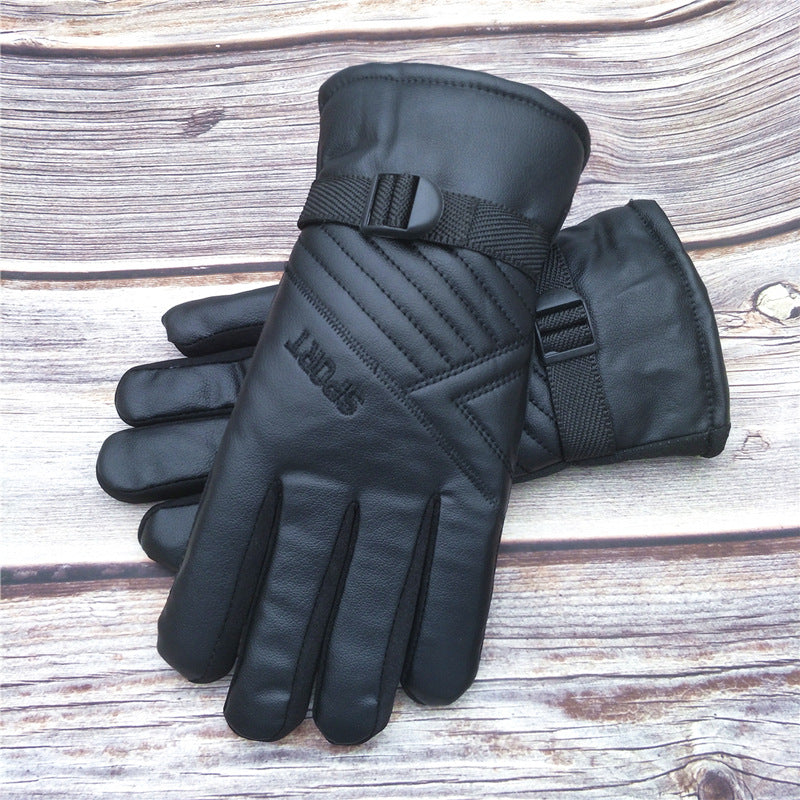 Men's Cotton Leather Winter Thick Fleece Warm Gloves