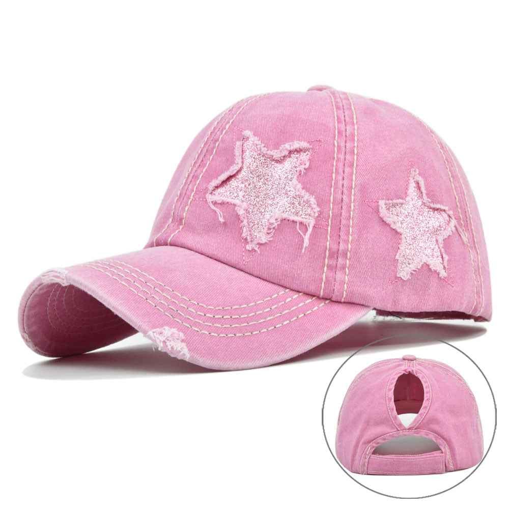 Hat With Hair Extensions Flash Five-pointed Star Baseball Washed Hats & Caps