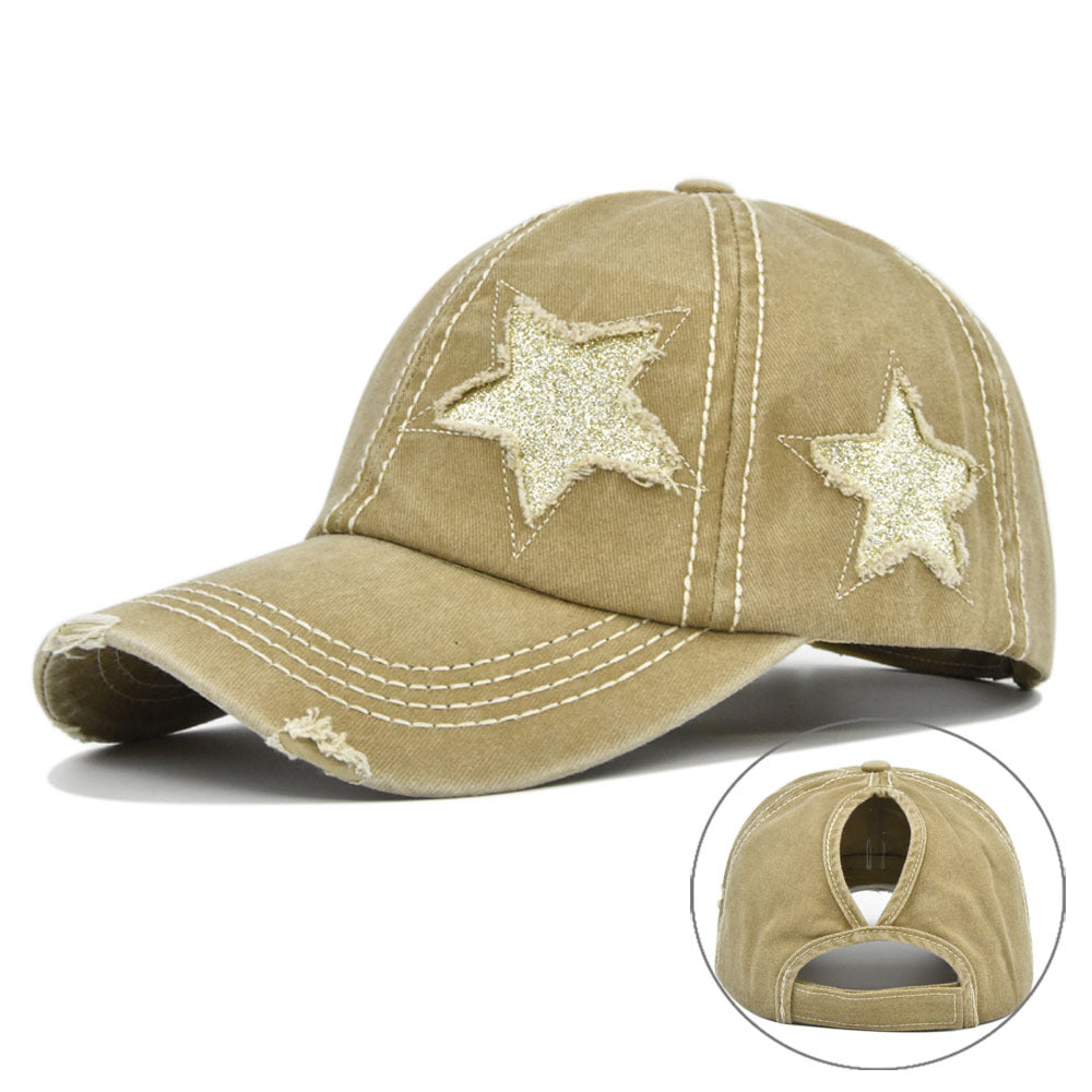 Hat With Hair Extensions Flash Five-pointed Star Baseball Washed Hats & Caps