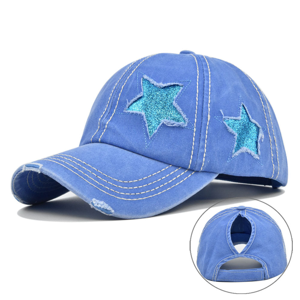 Hat With Hair Extensions Flash Five-pointed Star Baseball Washed Hats & Caps