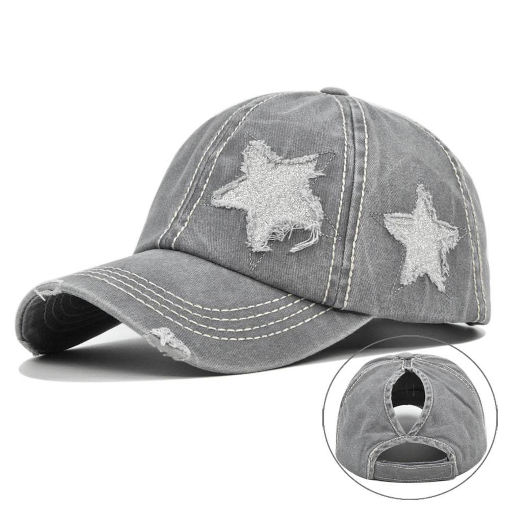 Hat With Hair Extensions Flash Five-pointed Star Baseball Washed Hats & Caps