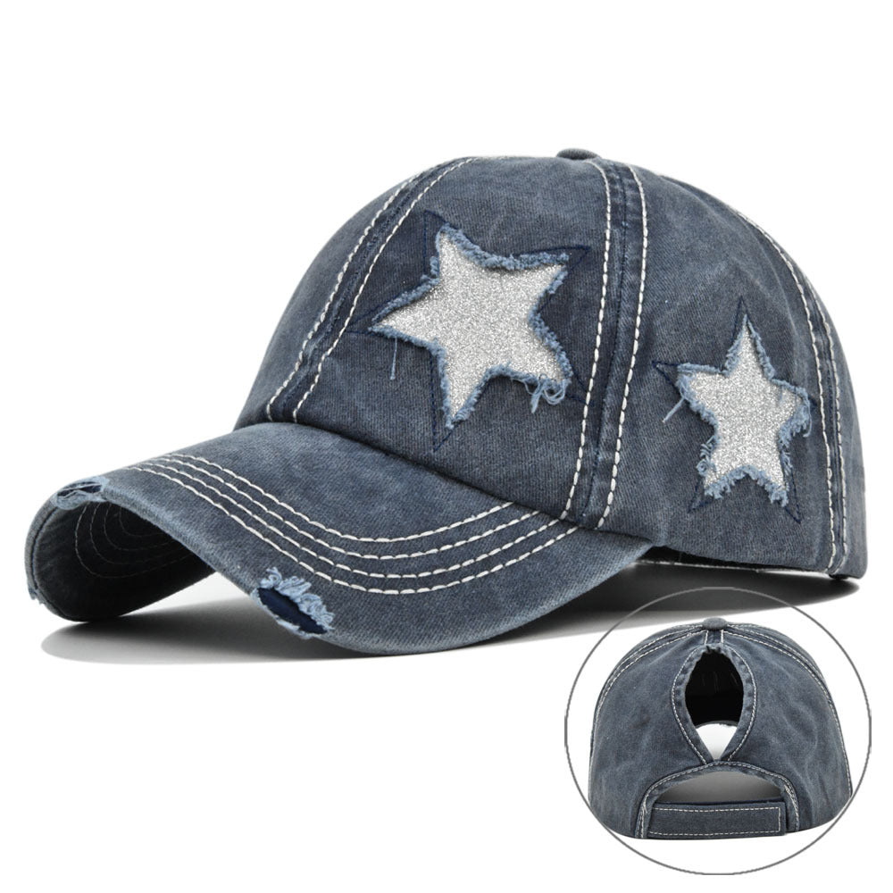 Hat With Hair Extensions Flash Five-pointed Star Baseball Washed Hats & Caps