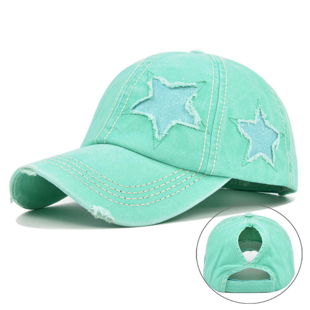 Hat With Hair Extensions Flash Five-pointed Star Baseball Washed Hats & Caps