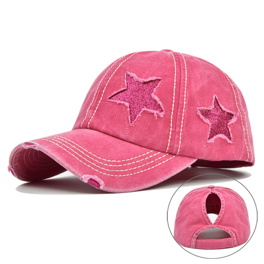 Hat With Hair Extensions Flash Five-pointed Star Baseball Washed Hats & Caps