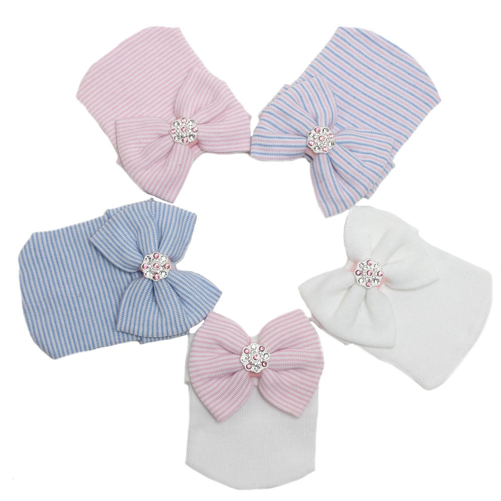 Striped Beanie Big Bowknot Shiny Diamond Kids' Headwear