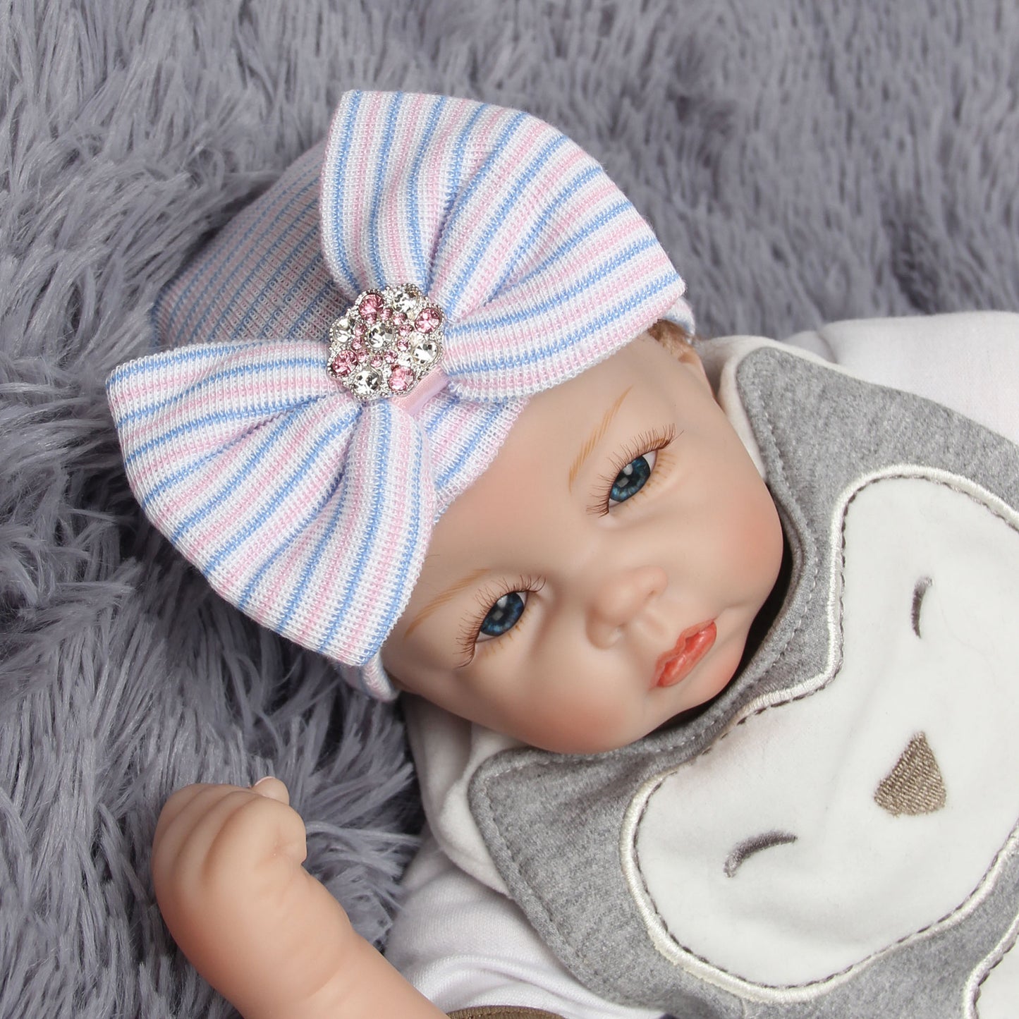 Striped Beanie Big Bowknot Shiny Diamond Kids' Headwear