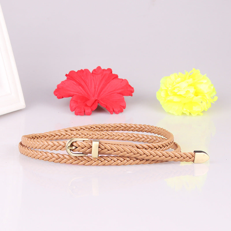 Women's Woven Leather Pin Buckle Thin Rope Belts