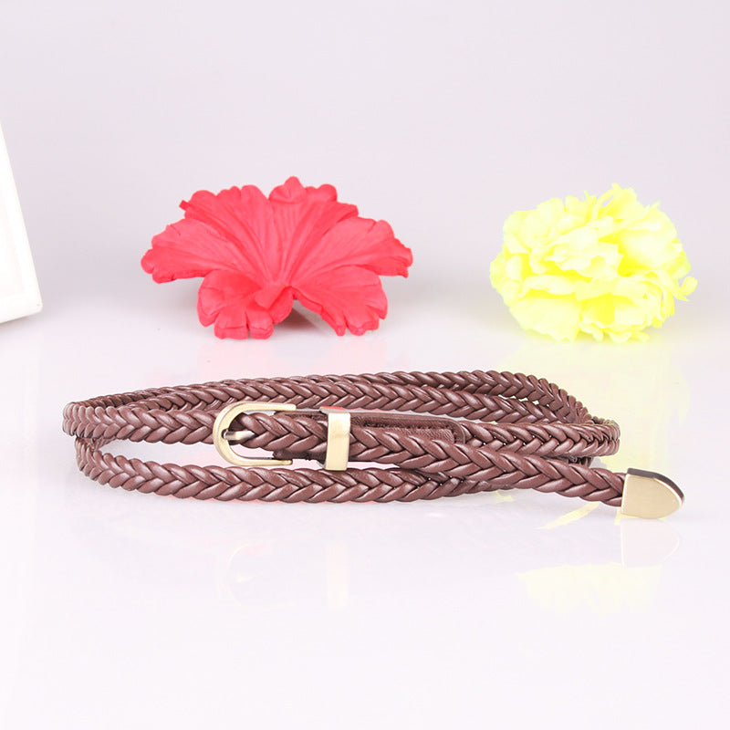 Women's Woven Leather Pin Buckle Thin Rope Belts