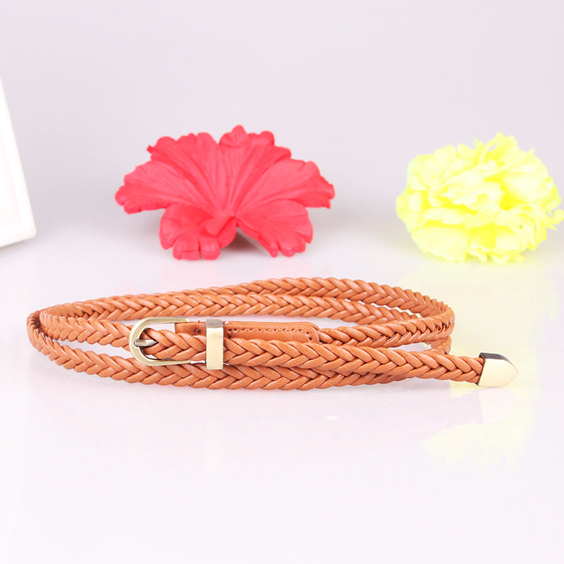 Women's Woven Leather Pin Buckle Thin Rope Belts