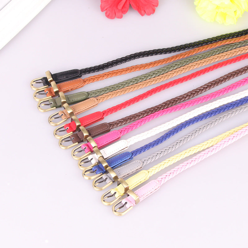 Women's Woven Leather Pin Buckle Thin Rope Belts