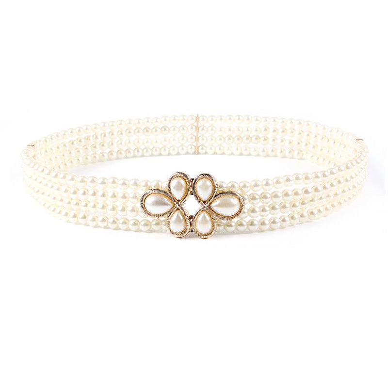 Women's Pearl Diamond Flower Waist Chain Square Belts