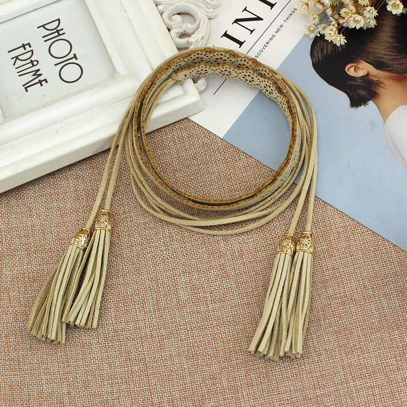 Women's National Style Skirt Decoration Hollow Tassel Knotted Straps Thin Belts