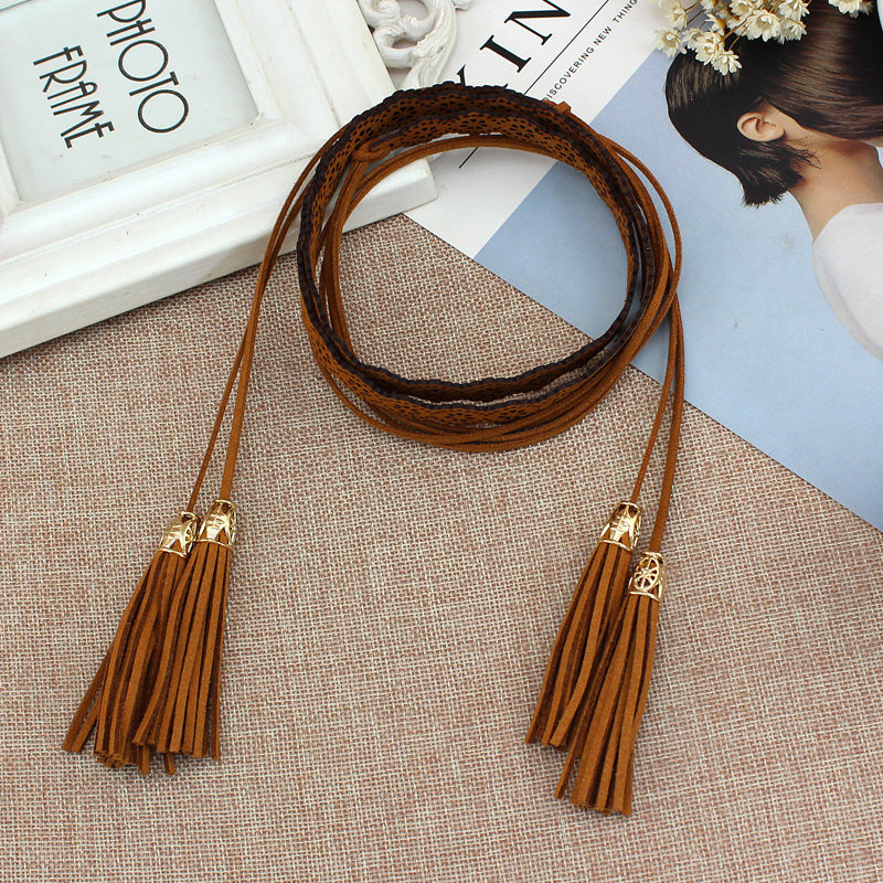 Women's National Style Skirt Decoration Hollow Tassel Knotted Straps Thin Belts