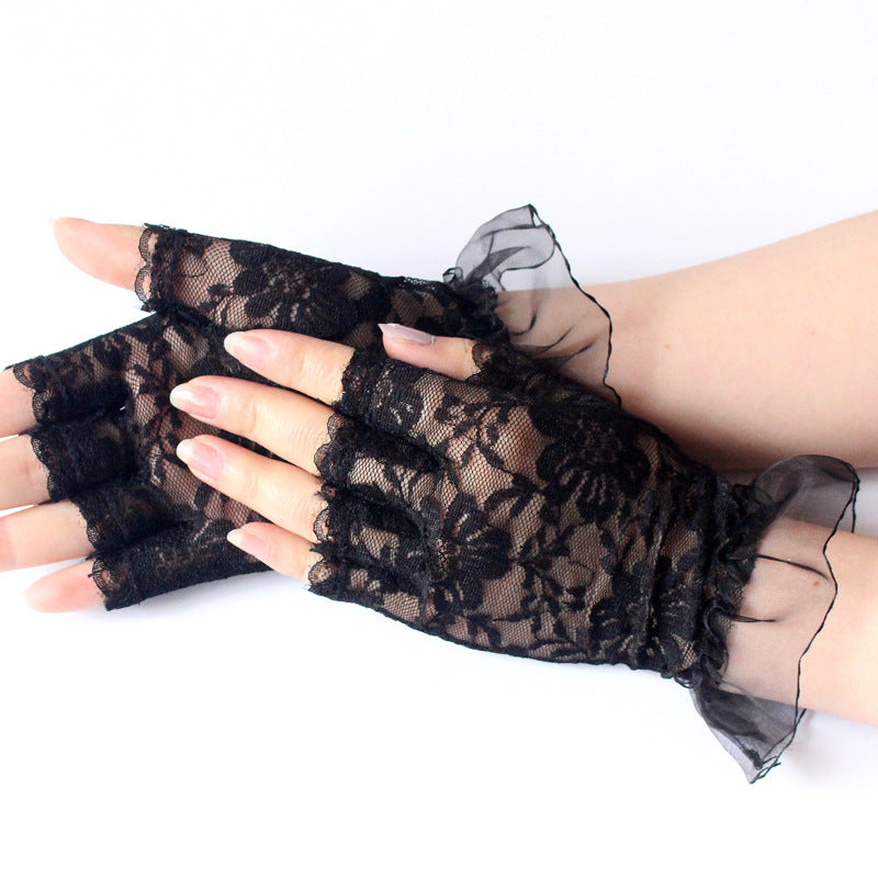 Women's Short Half Finger Lace Driving Car Sun Gloves