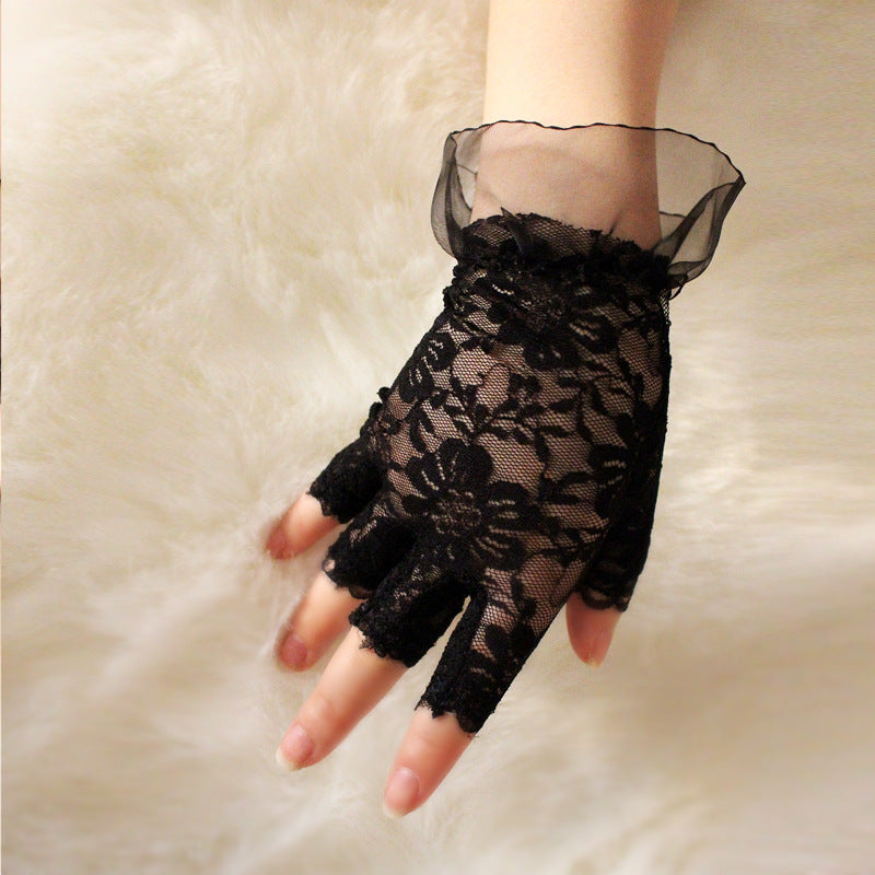 Women's Short Half Finger Lace Driving Car Sun Gloves