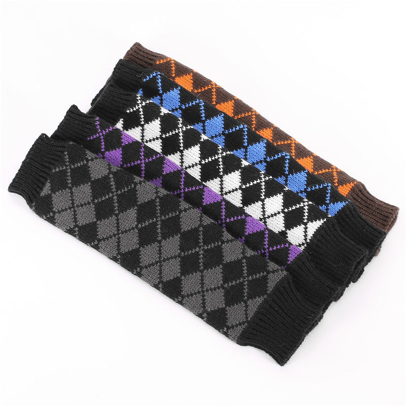 Women's Mixed Color Rhombus Fingerless Knitted Warm Half Gloves