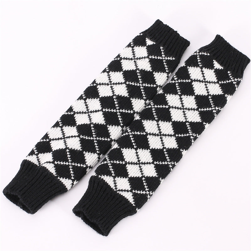 Women's Mixed Color Rhombus Fingerless Knitted Warm Half Gloves