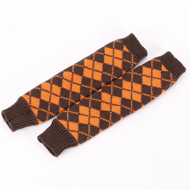 Women's Mixed Color Rhombus Fingerless Knitted Warm Half Gloves