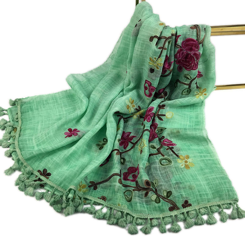 Wind Tassel Embroidered Plant Cotton Linen Scarfs