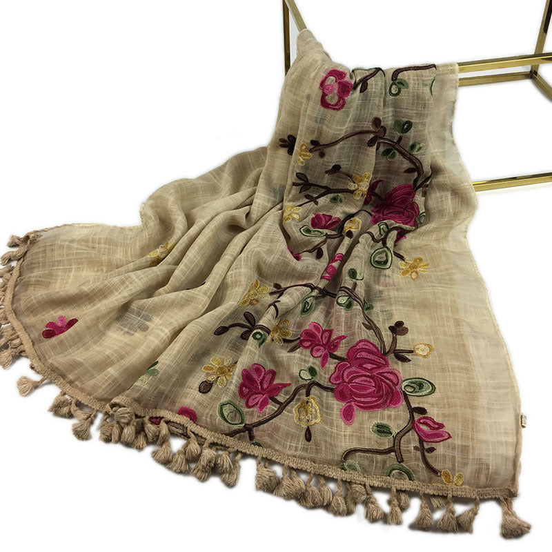 Wind Tassel Embroidered Plant Cotton Linen Scarfs