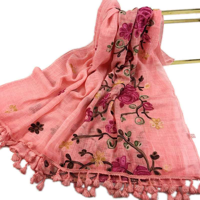 Wind Tassel Embroidered Plant Cotton Linen Scarfs