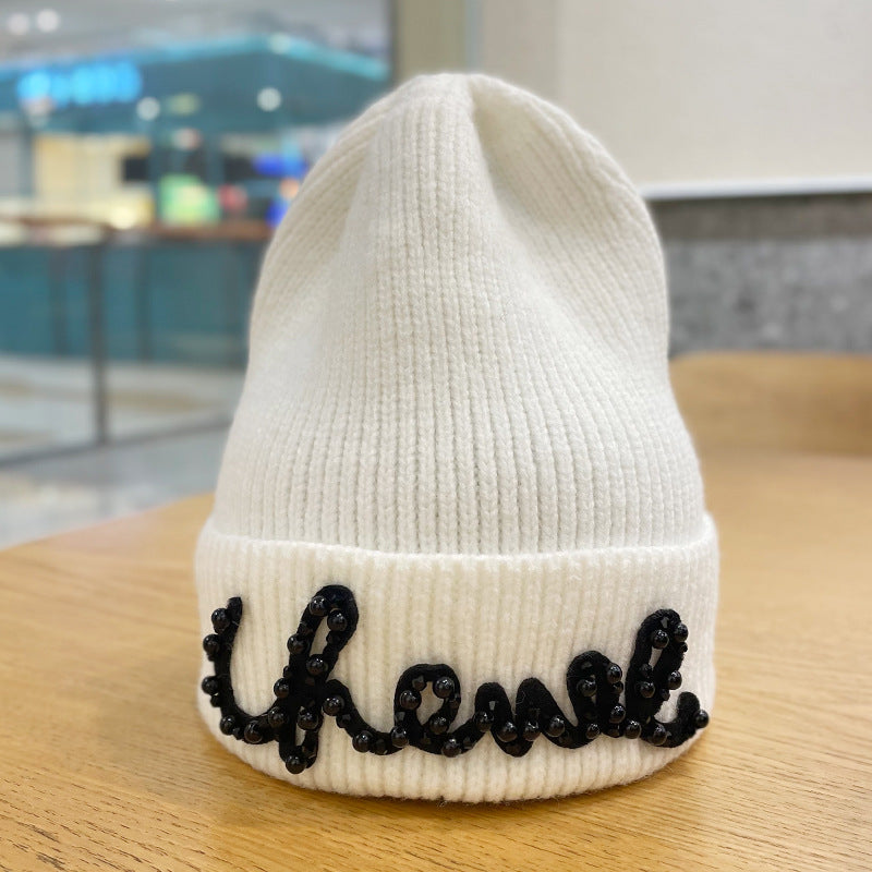 Woolen Hat Female Fashion Bead Letters Solid Color Beanie Hats & Caps