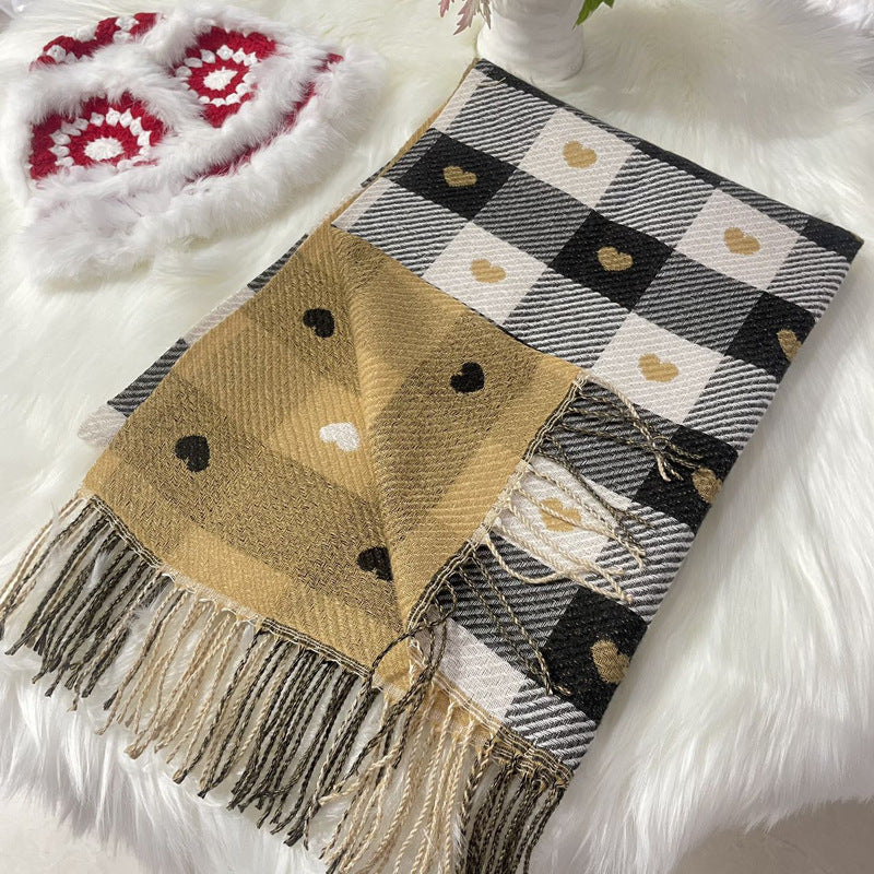 Female With Hearts Thick Checks Fringe Bib Scarfs