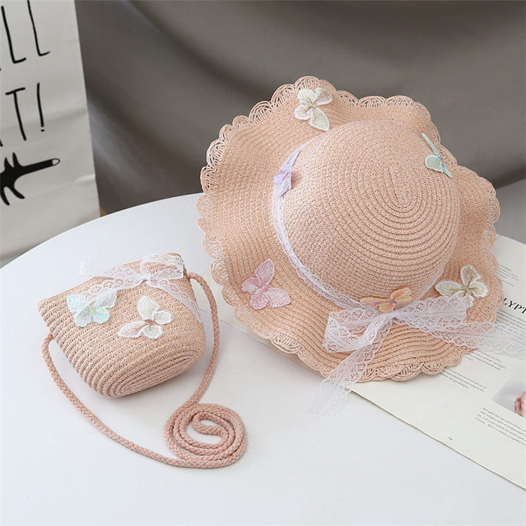 Children's Summer Straw Bag Set Western Style Lace Kids' Headwear