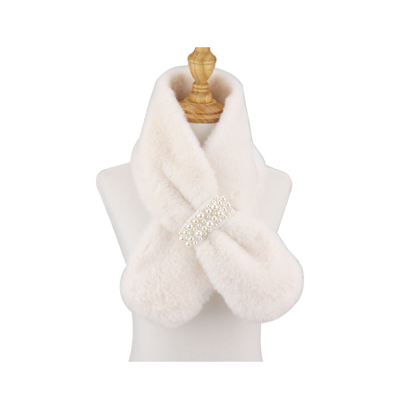 Women's Rex Rabbit Fur Thick Warm Cross Pearl Scarfs