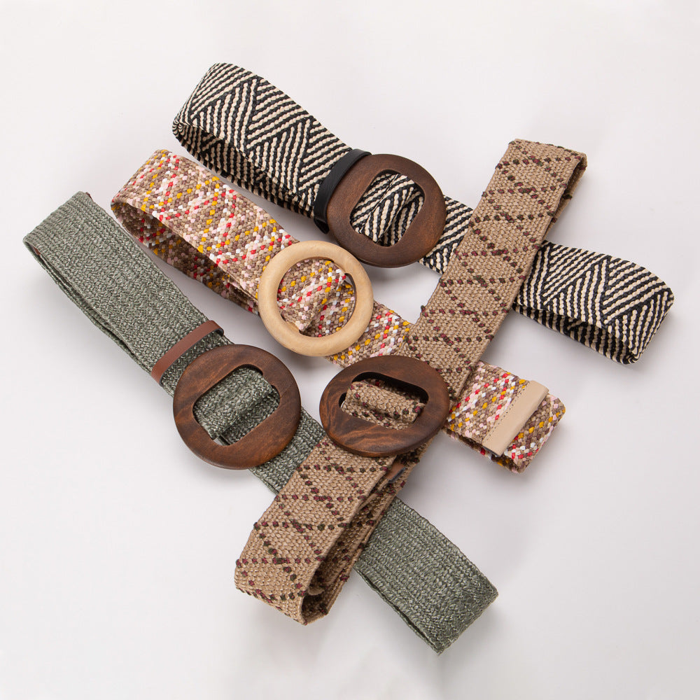 Woven Wooden Buckle Round Elastic Wide Bohemian Belts