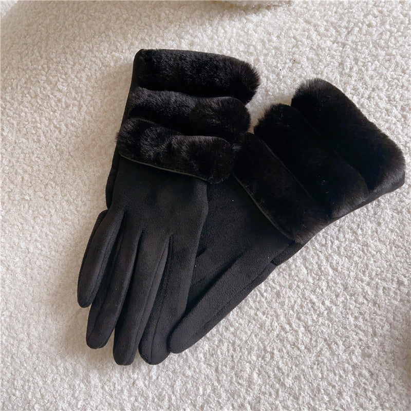 Women's Warm Suede Coffee Fur Buckle Caramel Thickened Veet Cold Gloves