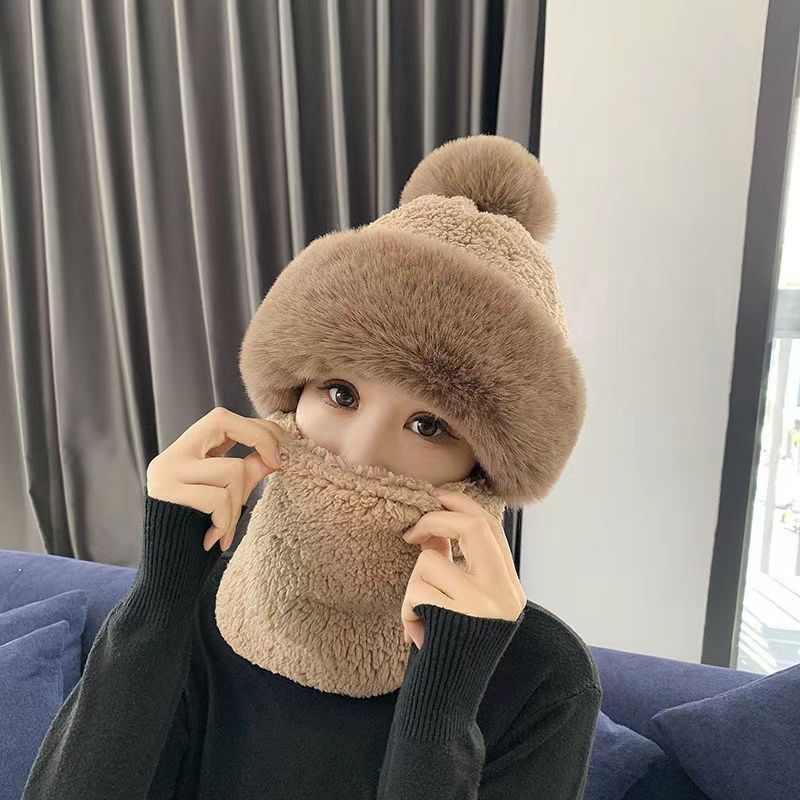 Women's Plush Thickened Cold Protection Hat Integrated Earflaps Hats & Caps