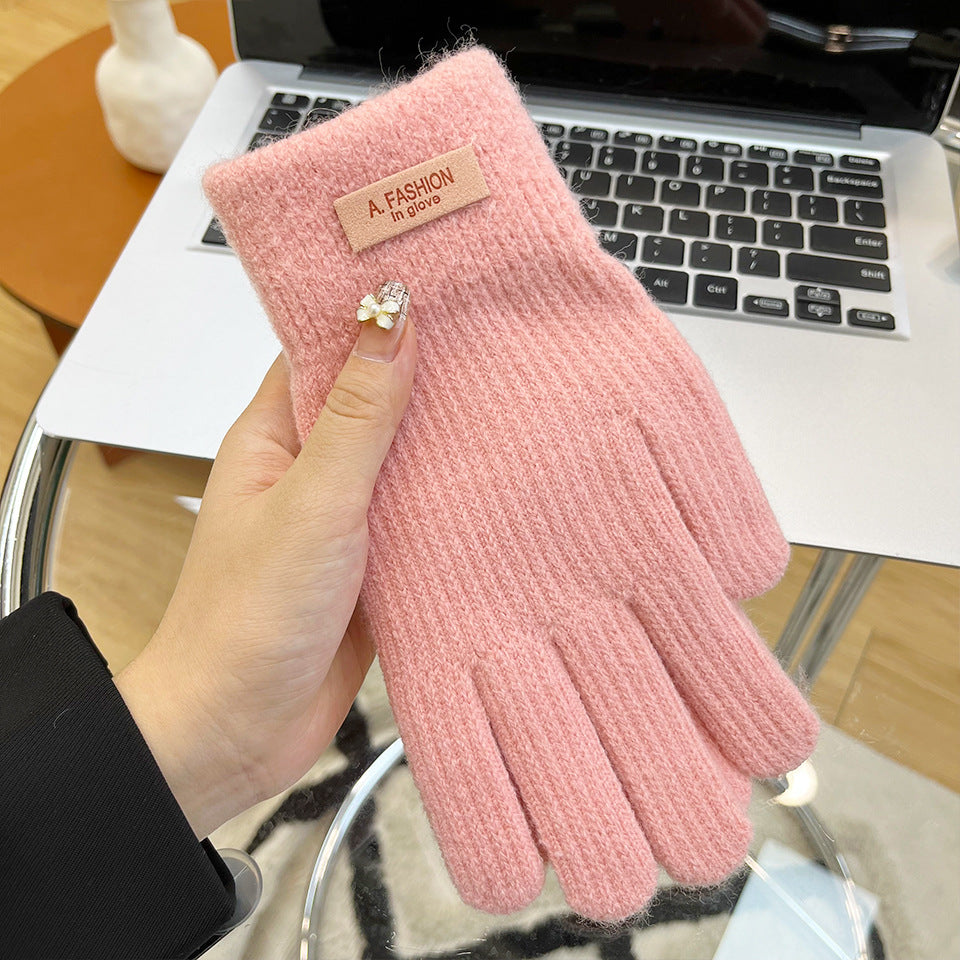 Women's Knitted Knitting Wool Winter Cold Protection Thickening Fleece-lined Candy Gloves