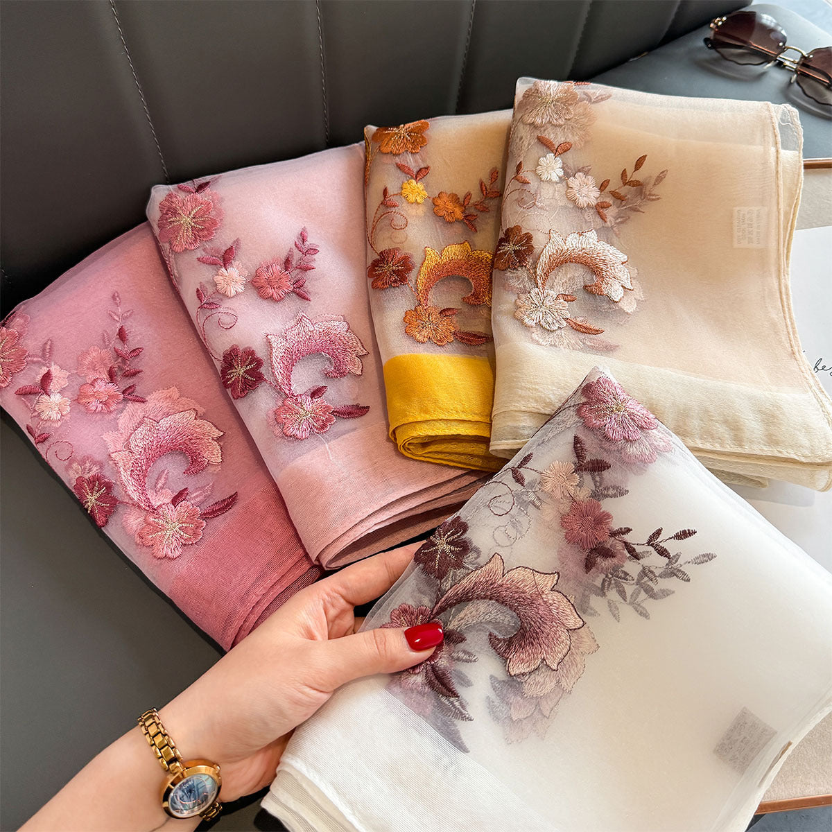 Women's Simple Embroidery Small Flower Artificial Silk Scarfs