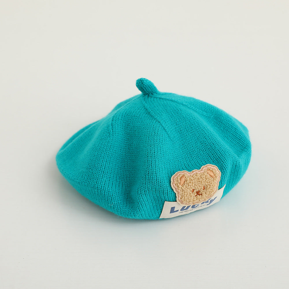 Children's Style Knitted Beret Personalized Letter Bear Painter Warm Kids' Headwear