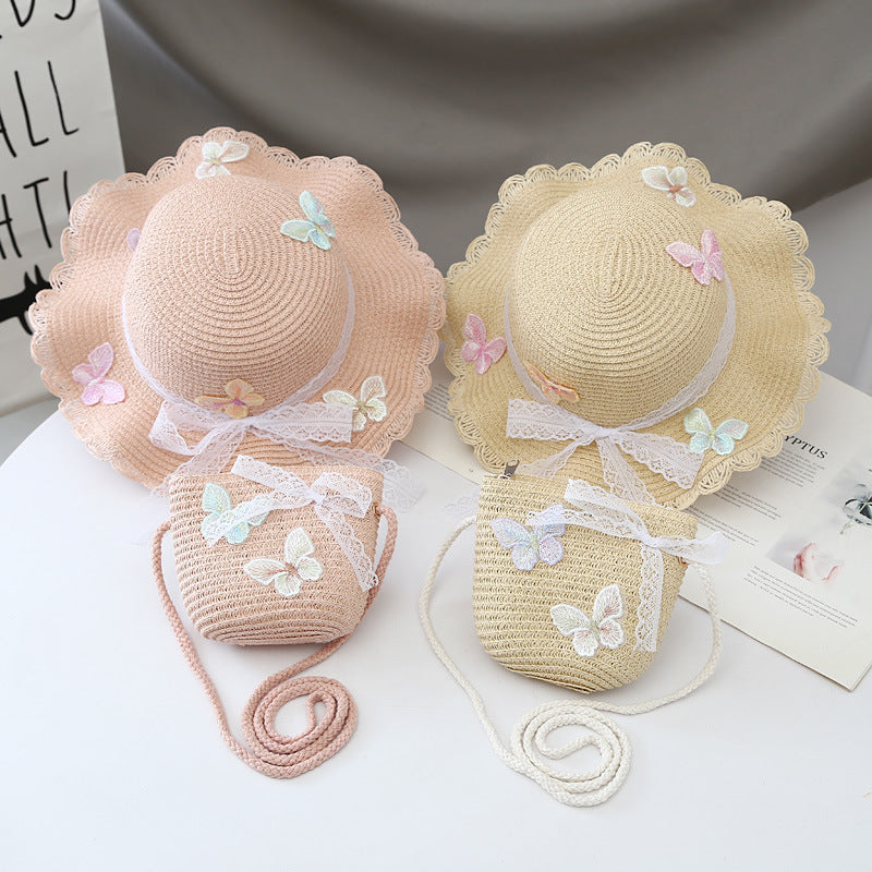 Children's Summer Straw Bag Set Western Style Lace Kids' Headwear