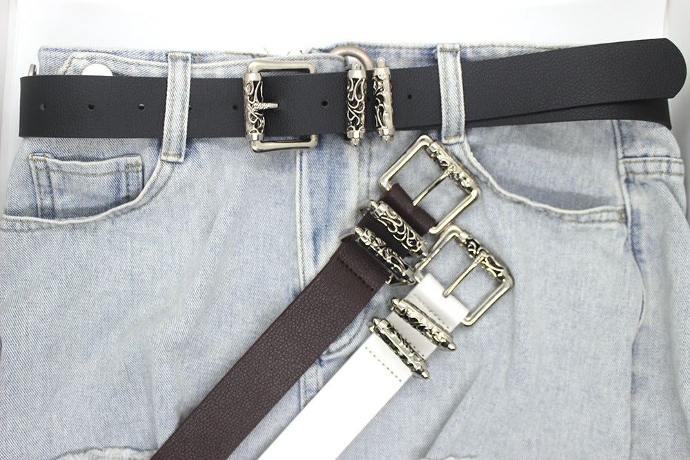 Women's & Men's Alloy Carved Roller Hollow Crook Pin Buckle Punk High Belts