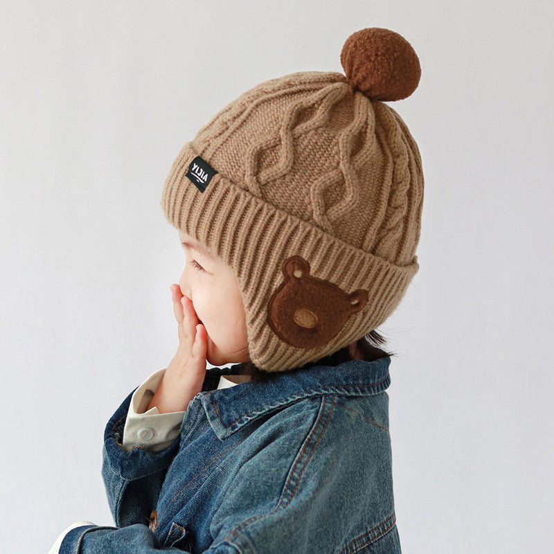 Children's Two-piece Set Cute Bear Boy Winter Warm Cotton Kids' Headwear