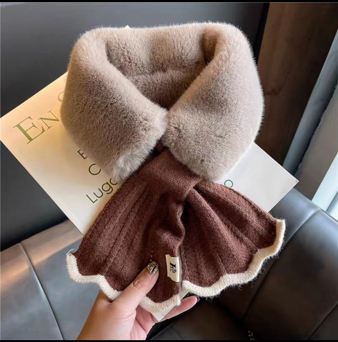 Korean Style Knitted Fishtail Stitching Furry Imitate Rex Rabbit Scarfs